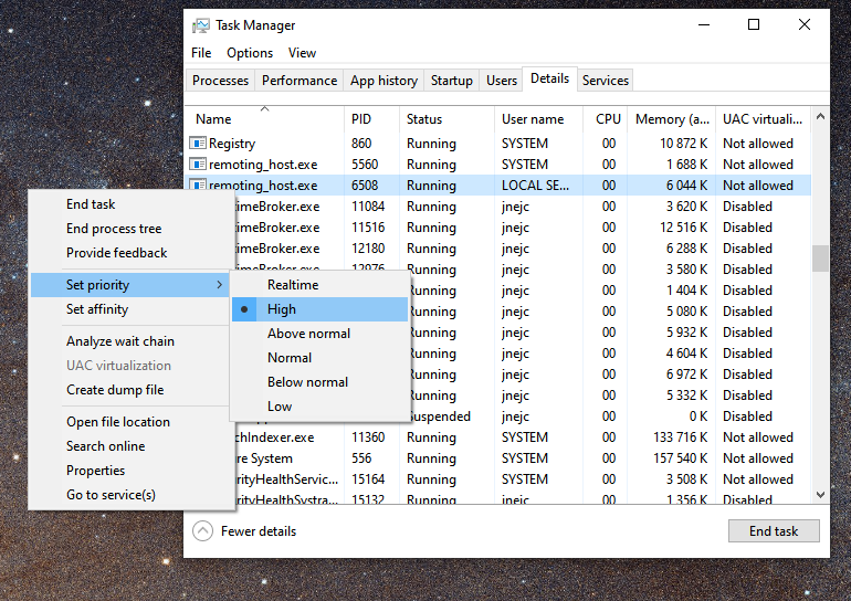 If you're experiencing slow Chrome Remote Desktop, try increasing the executables' priority.